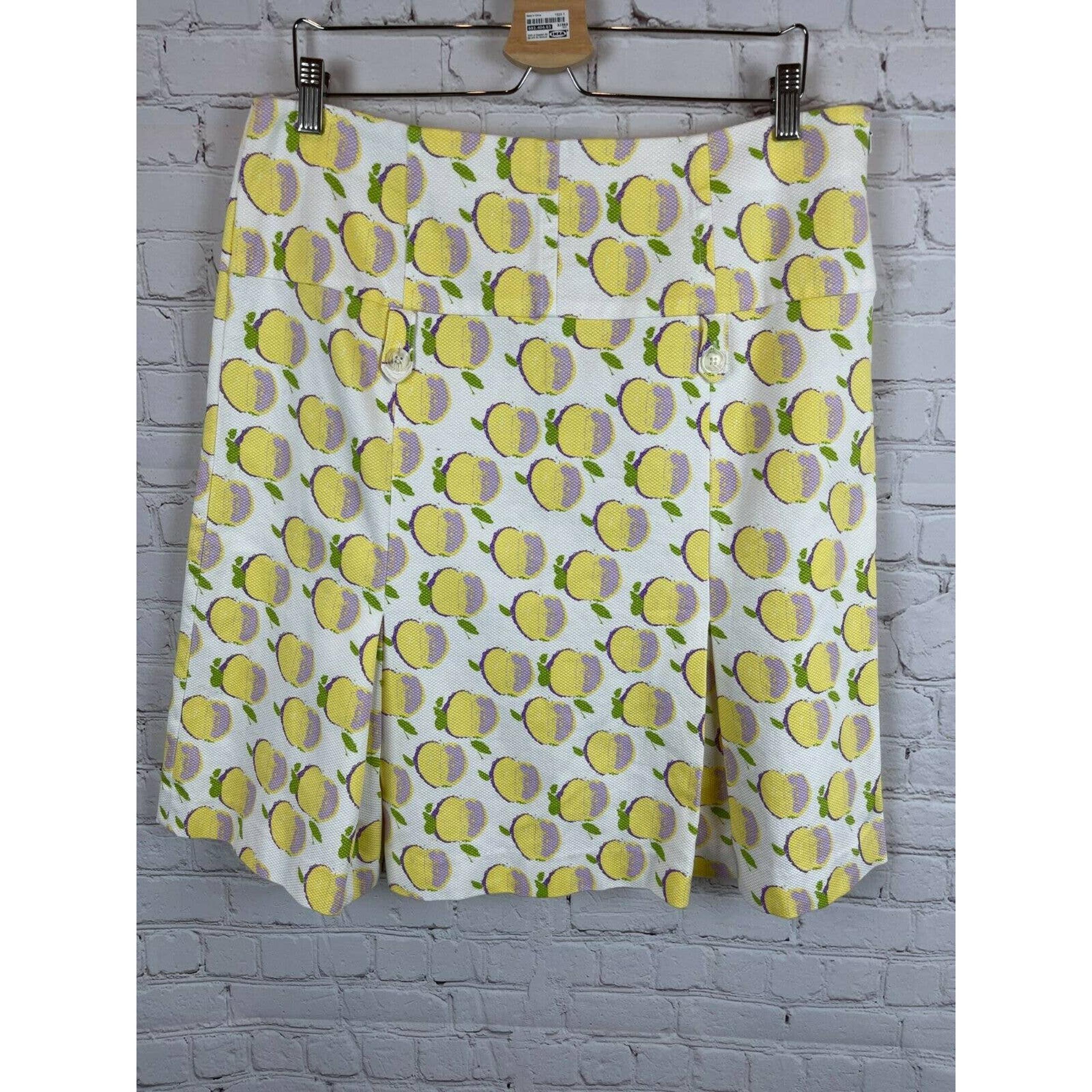 KENAR floral fruits cotton spandex white yellow violet A-line godet skirt 14
