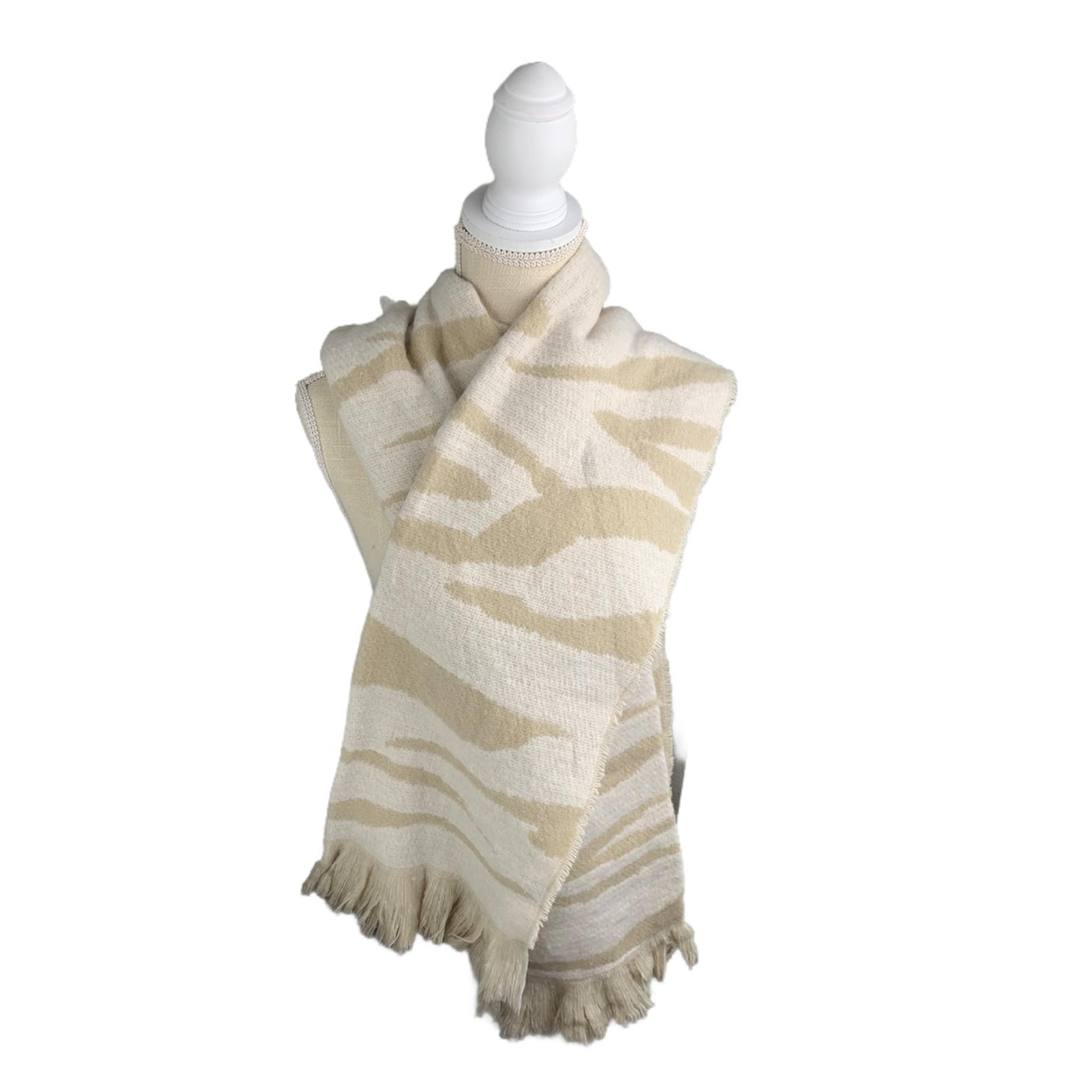 A New Day Brushed Blanket Fringe Scarf Zebra White Beige Women's One Size New