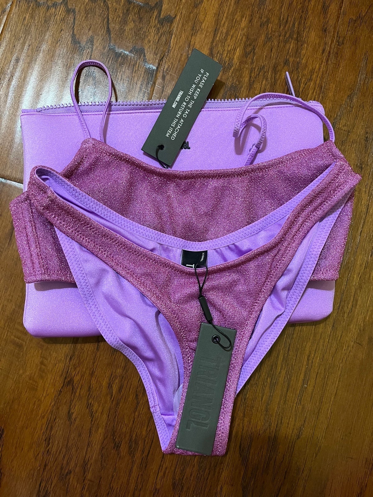 purple sparkly triangl bikini set with bag