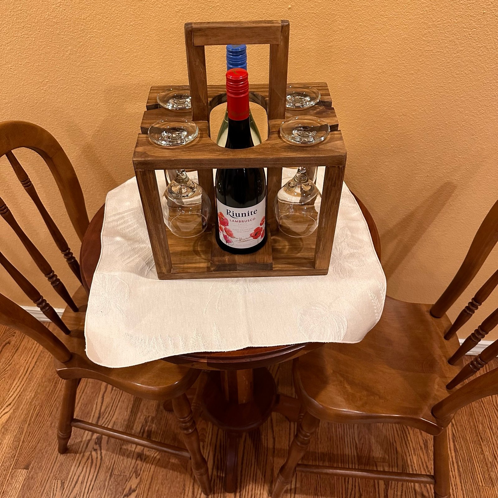 Wine bottle / glass holder hand made (wine not included) glasses are included.