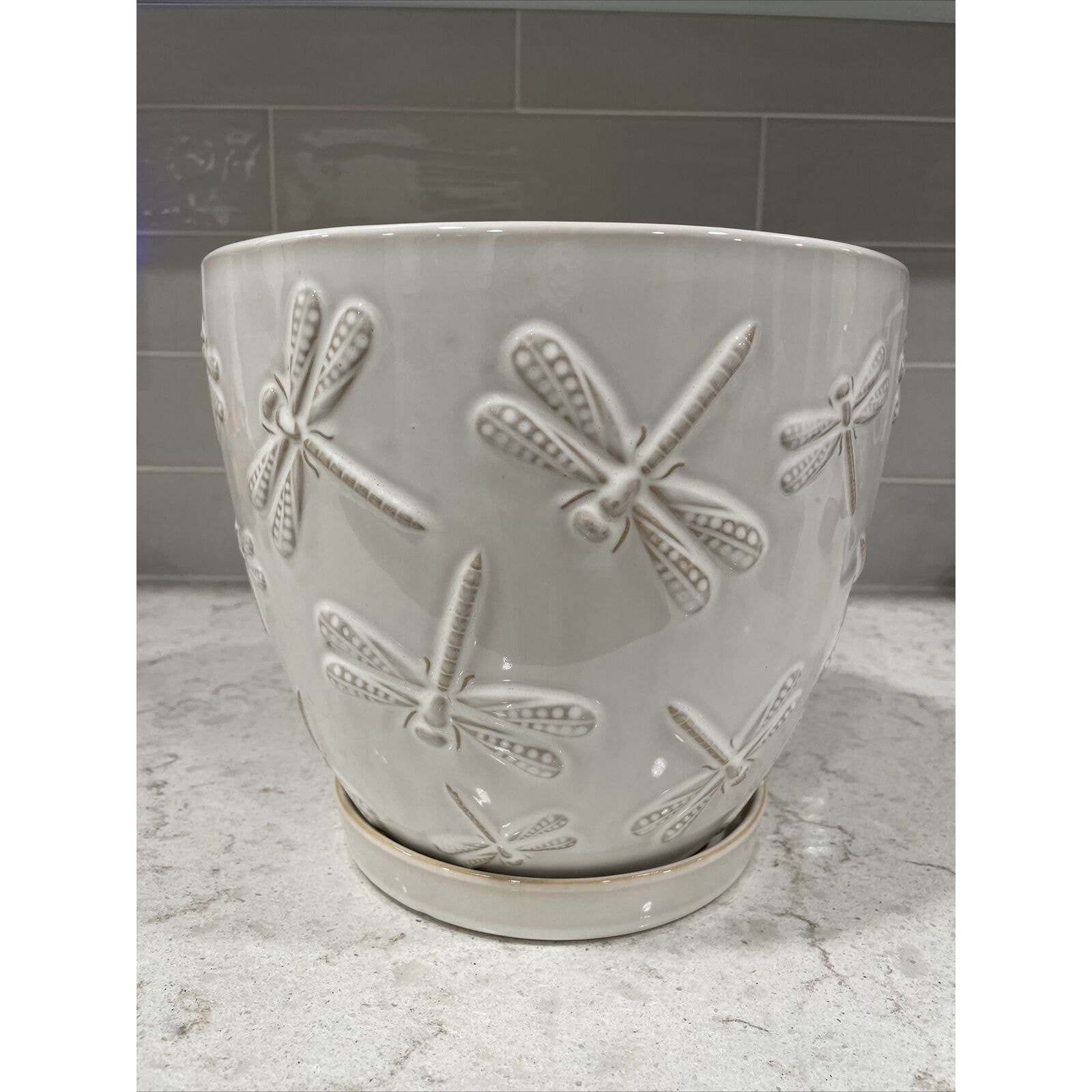 DRAGONFLIES 10” X 9” Handmade Planter w/Drain Hole & Attached Dish Dragonfly NEW