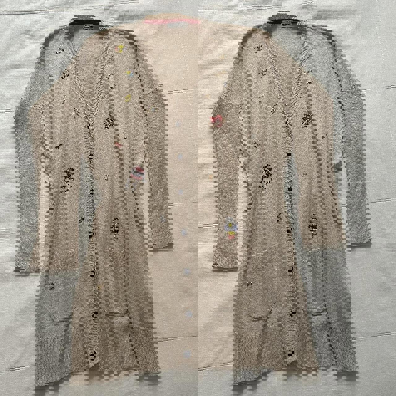 Tsumori Chisato tan cardigan with beaded embroidery