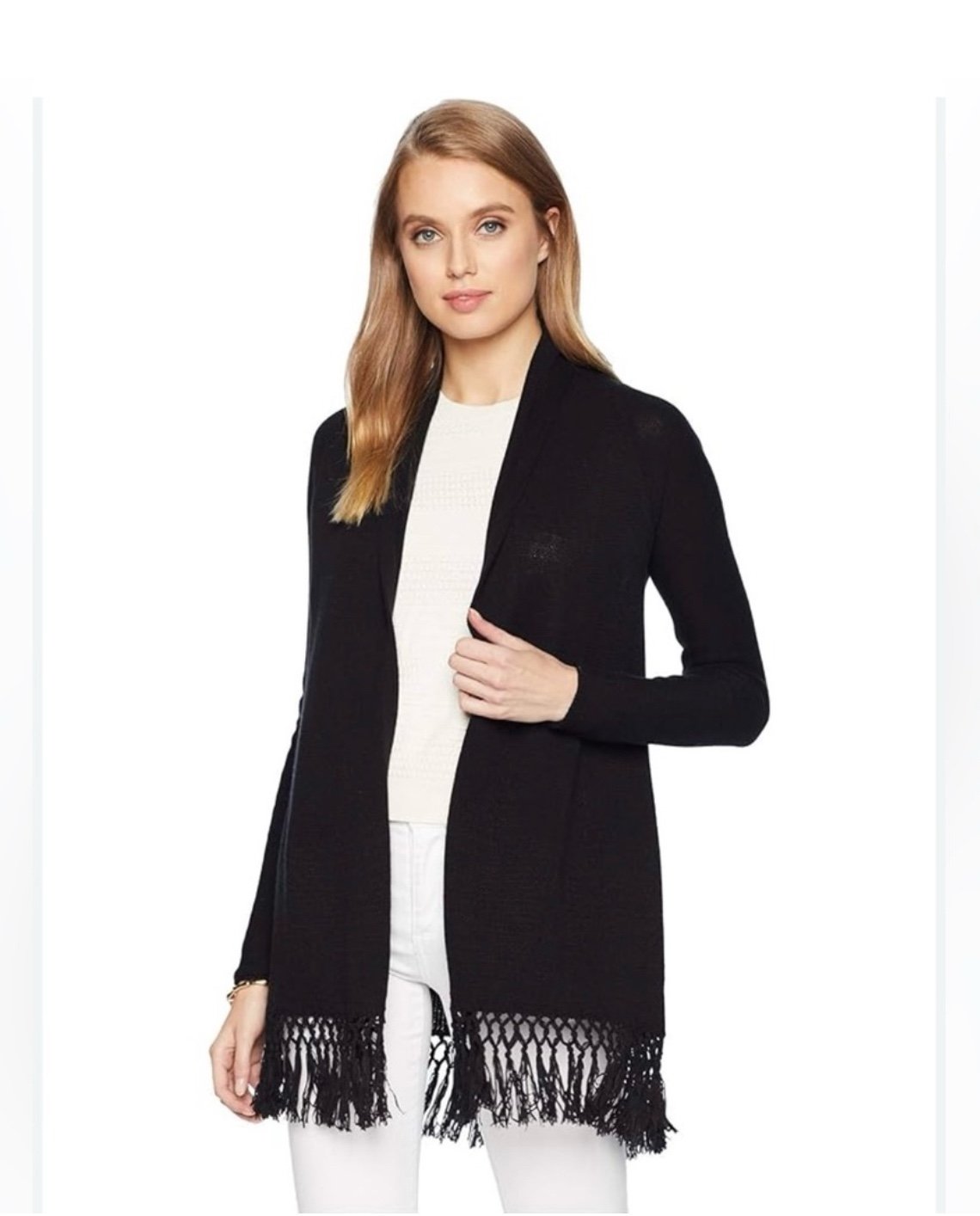 Lilly Pulitzer Tatum Open Front Cardigan Sweater w/ Fringe Black Onyx Large