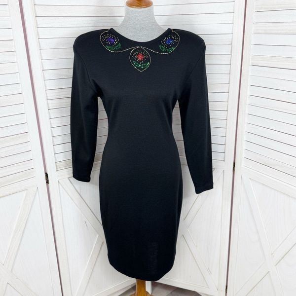Vintage Liz Claiborne Sequin Beaded V Back Wool Blend Ponte Knit Dress Black 10P