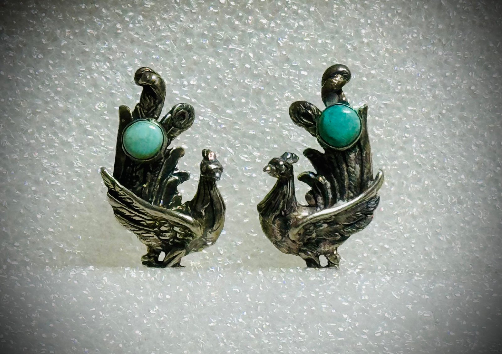 Vintage, Handmade Turquoise And Sterling Silver Peacock Screw Back Earrings