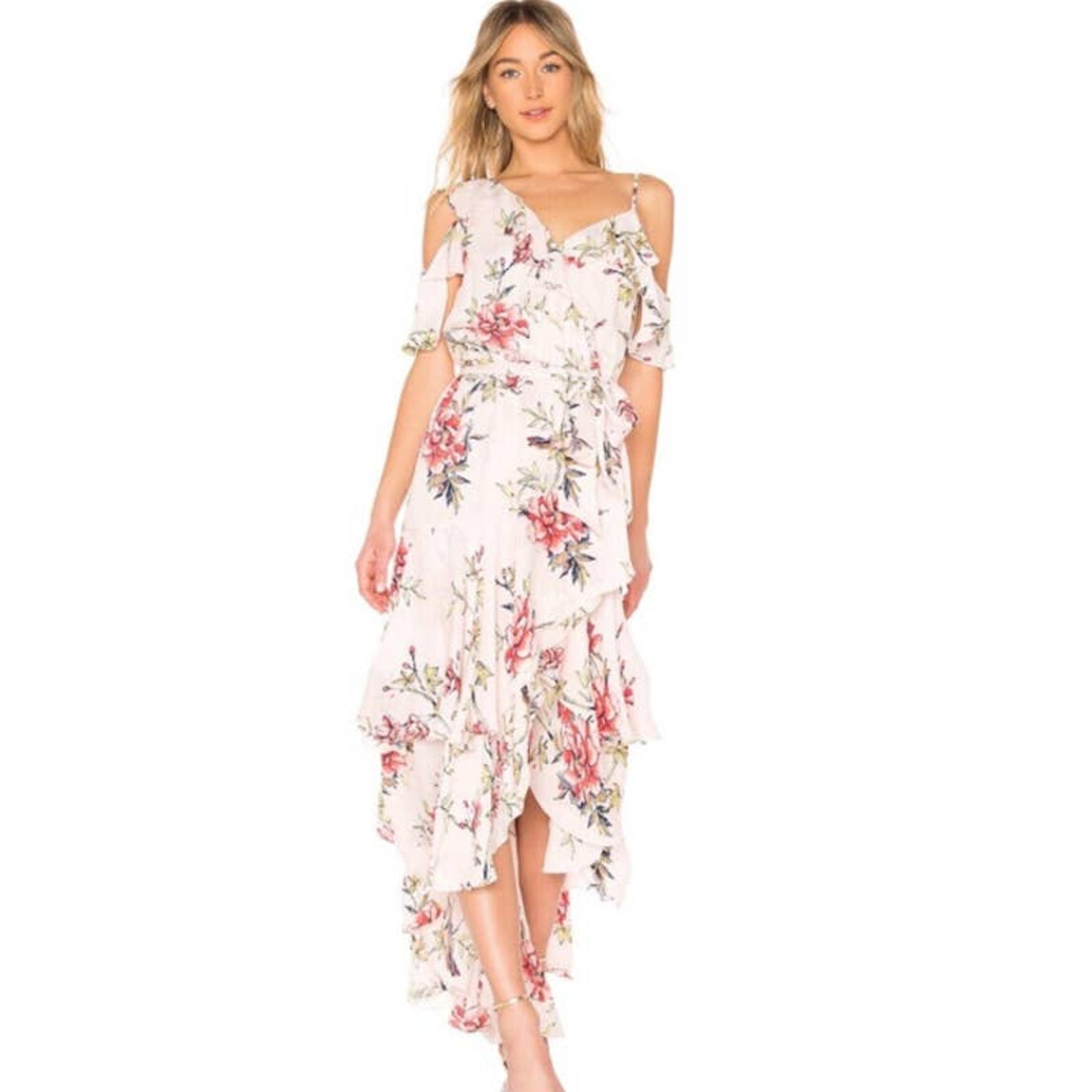 Joie 100% Silk Cristeta Maxi Dress Chiffon Floral Ruffle Tiered Off The Shoulder