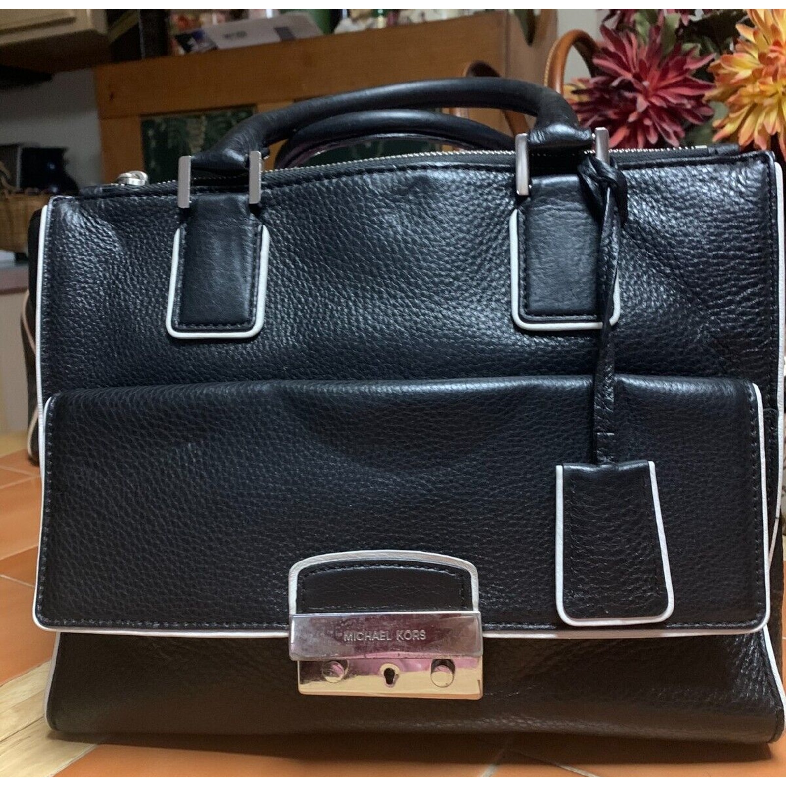 MICHAEL KORS Large Black Leather AUDREY Lock Pocket Satchel w/White Edge Paint