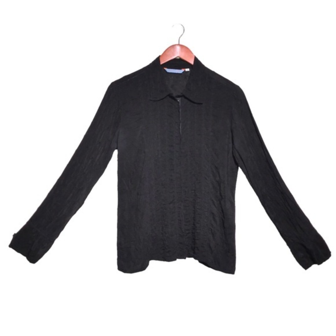 Johnny Was Black Floral Embroidered Long Sleeve Scalloped Button Front Shirt