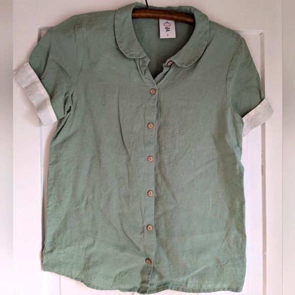 Son de Flor Green Linen Peter Pan Collar Button Up Blouse Short Sleeve Shirt