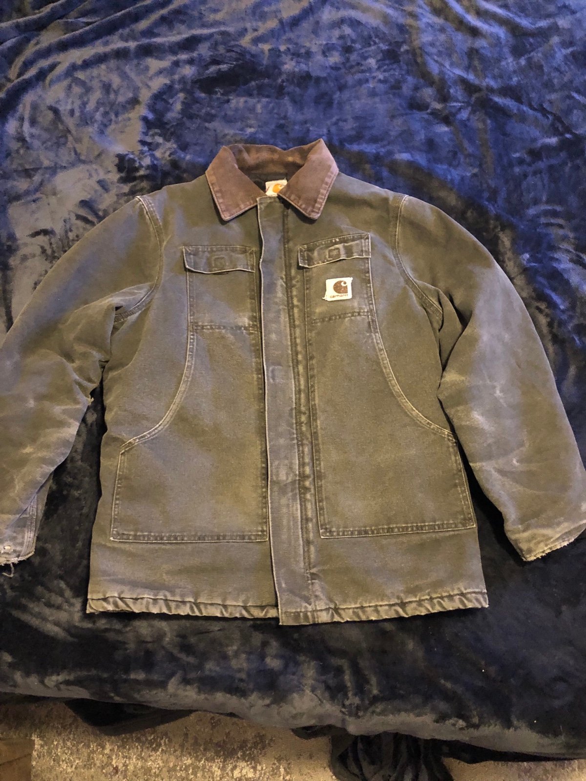 Carhartt heavyweight work jacket grey with purple collar size L (read desc)
