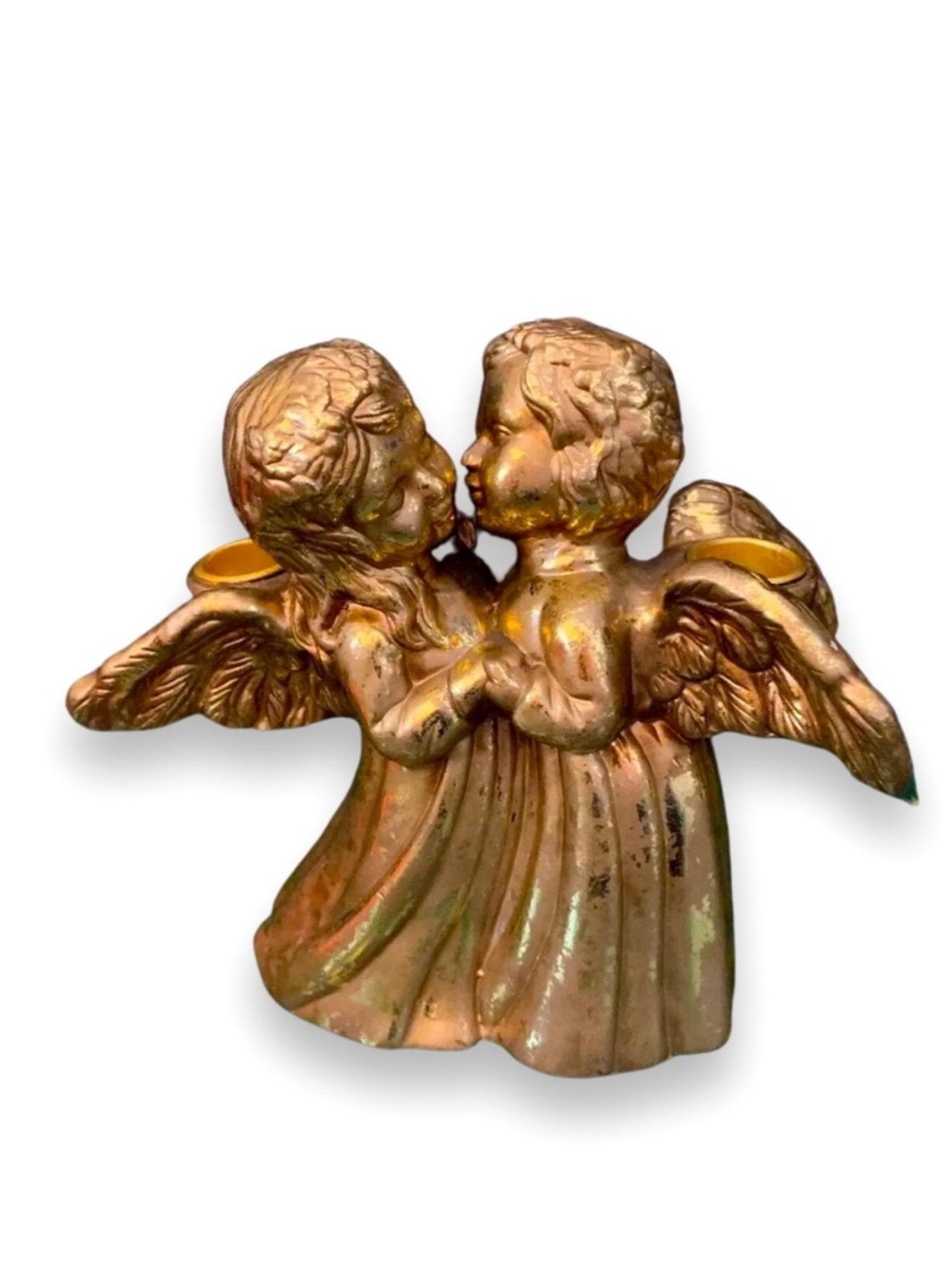 VTG Gold Leaf Kissing Cherub Angels Enesco Figure 2-Candle Holder Ceramic 7”