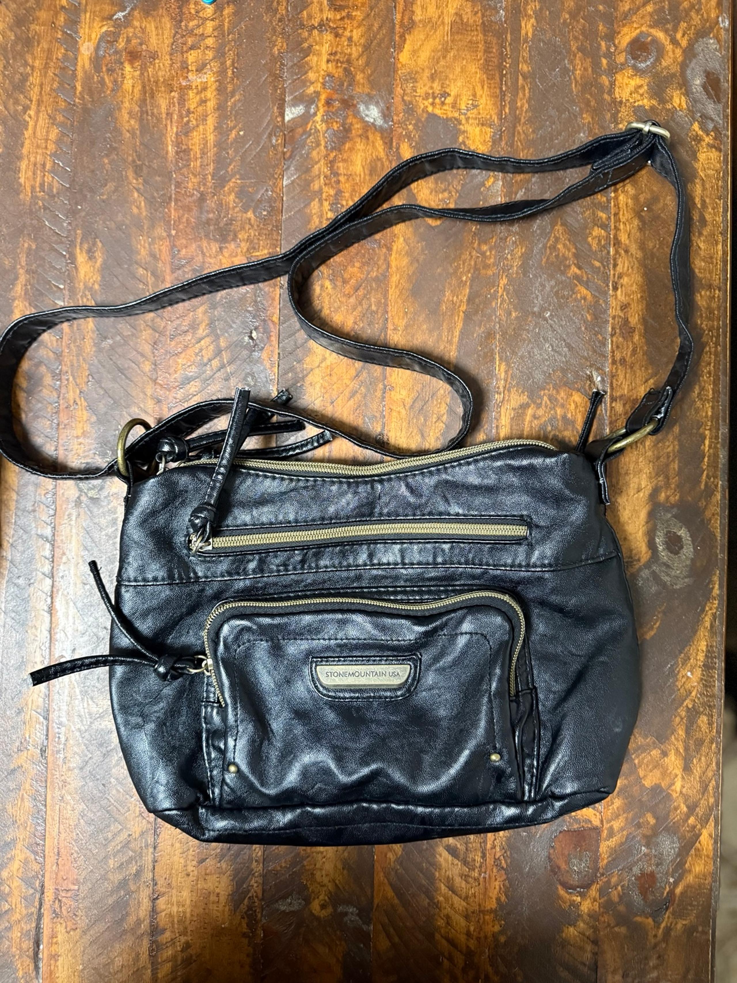 USA black leather crossbody bag with gold hardware - Stone Mountain