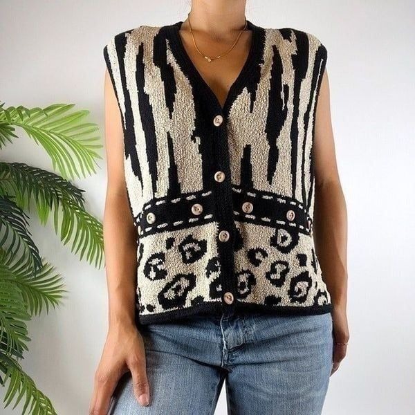 Vintage 90s Grunge Artsy Animal Print Silk Linen Boho Button Up Vest / Size: PL