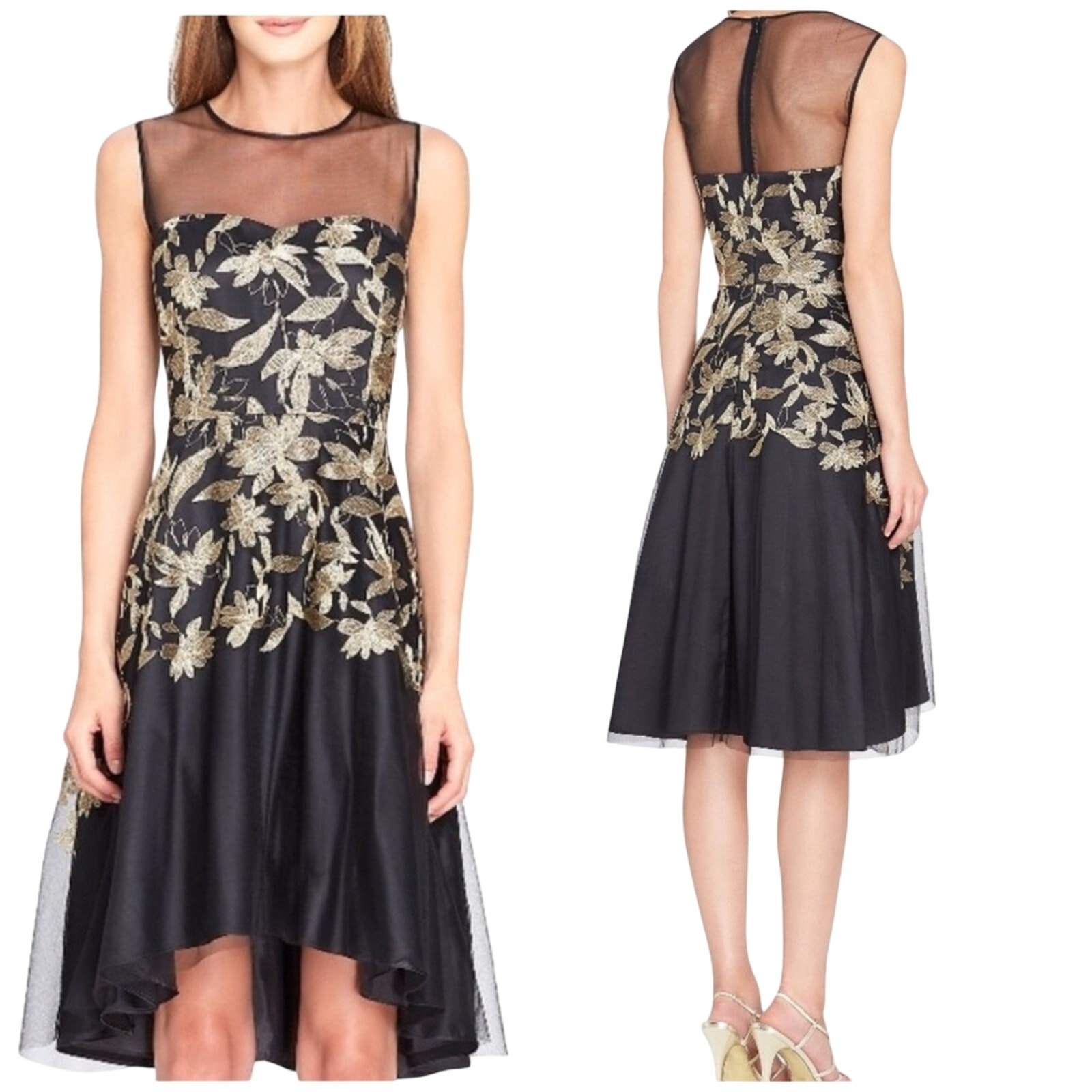 Tahari Embroidered Metallic Floral Illusion Gold Black Cocktail Dress Size 6