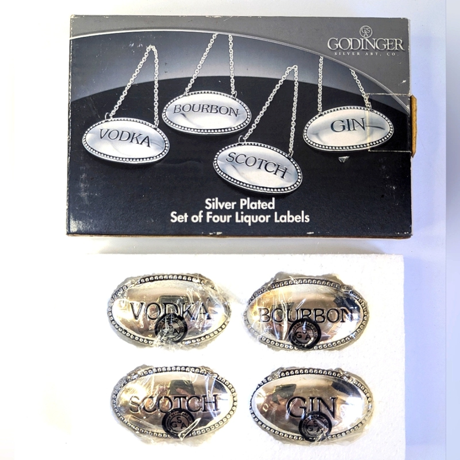 Godinger VINTAGE 4-Set Liquor Labels Silver Plated Hanging Metal Plaques