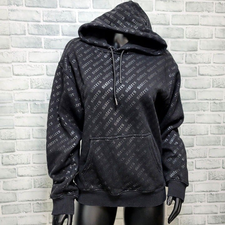 Sisters Apparel Womens M Black Allover Spellout Pattern Pullover Hoodie Hooded