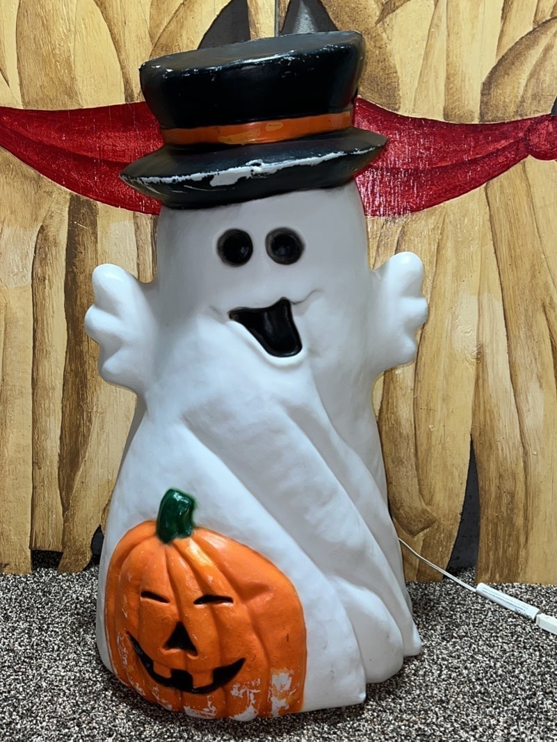 Vintage Halloween 30” Lighted Happy Ghost With Pumpkin Blow Mold Yard Decoration