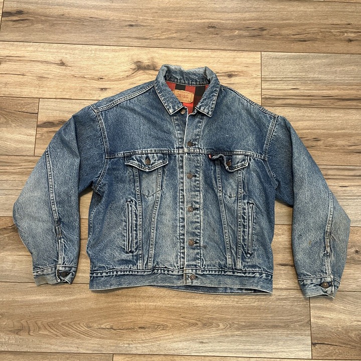 VTG Levis Lined Denim Trucker Jacket LARGE Blue Jean USA Made Buffalo Plaid