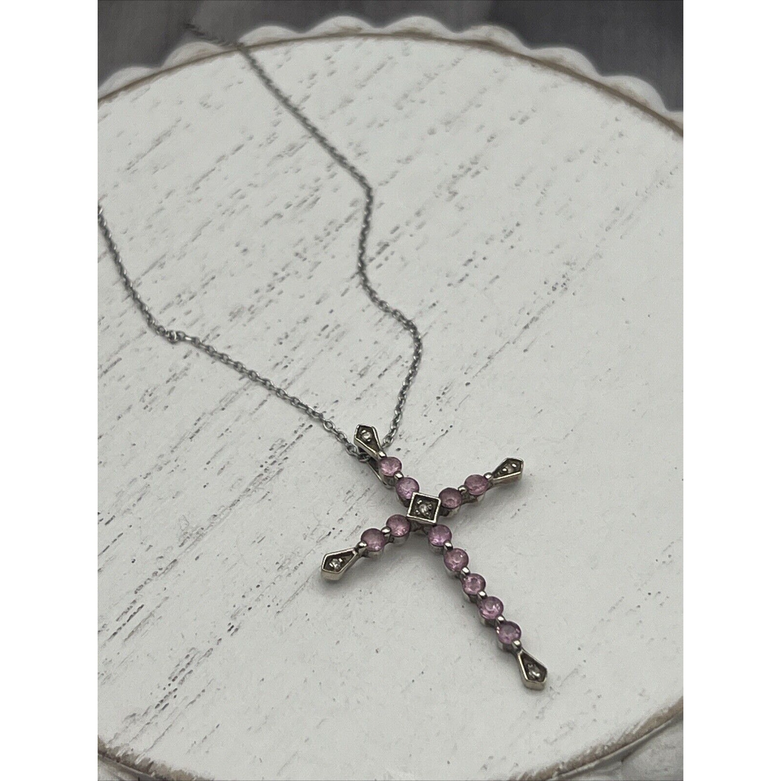 DESIGNER 10K WHITE GOLD DIAMOND & PINK TOPAZ WOMENS RELIGIOUS CROSS Necklace