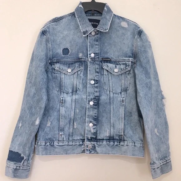 CALVIN KLEIN Distressed Rip & Repair Trucker Blue Denim Western Jean Jackets