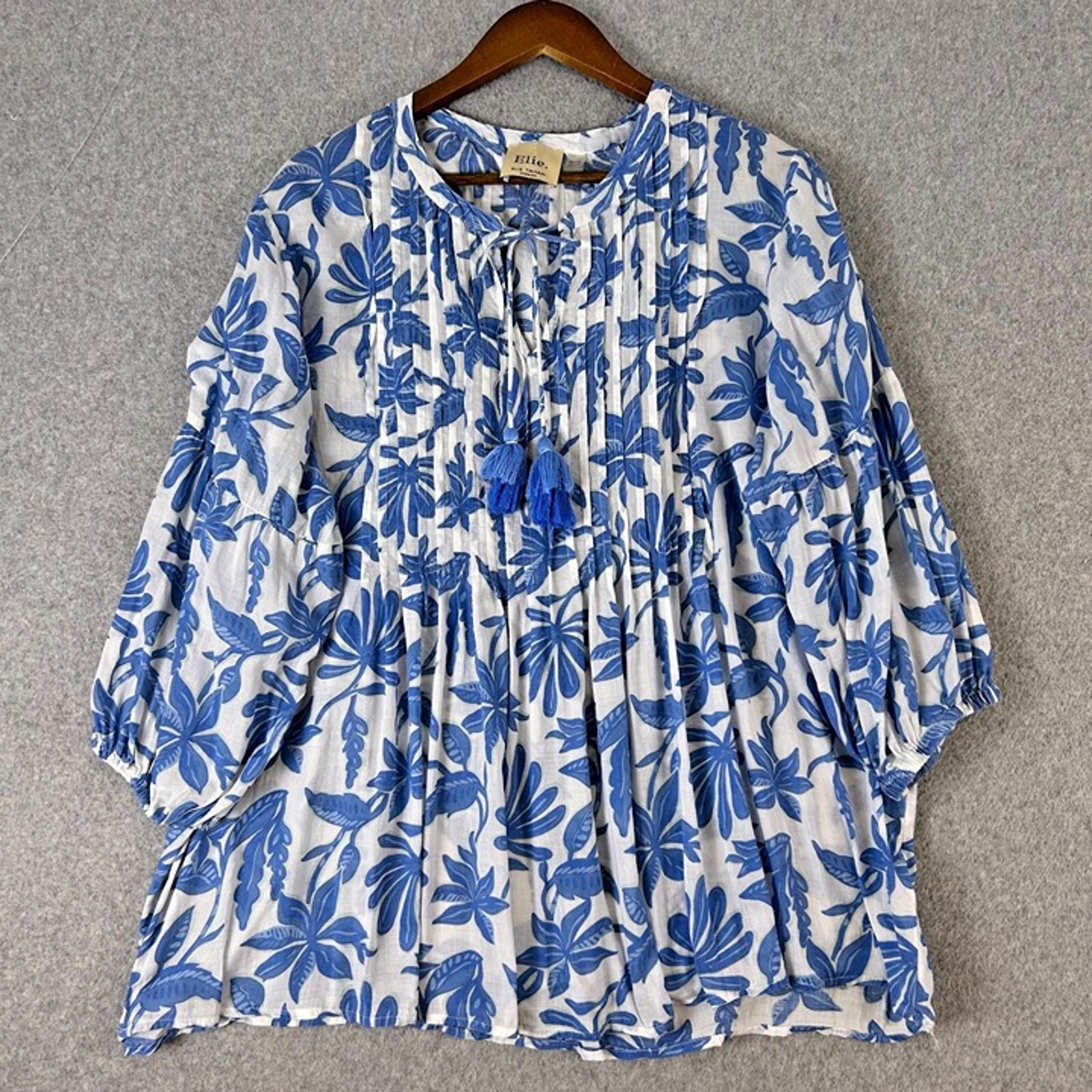 Elie Tahari Shirt Women's 2X White Blue Floral Pintuck Popover Blouse Peasant