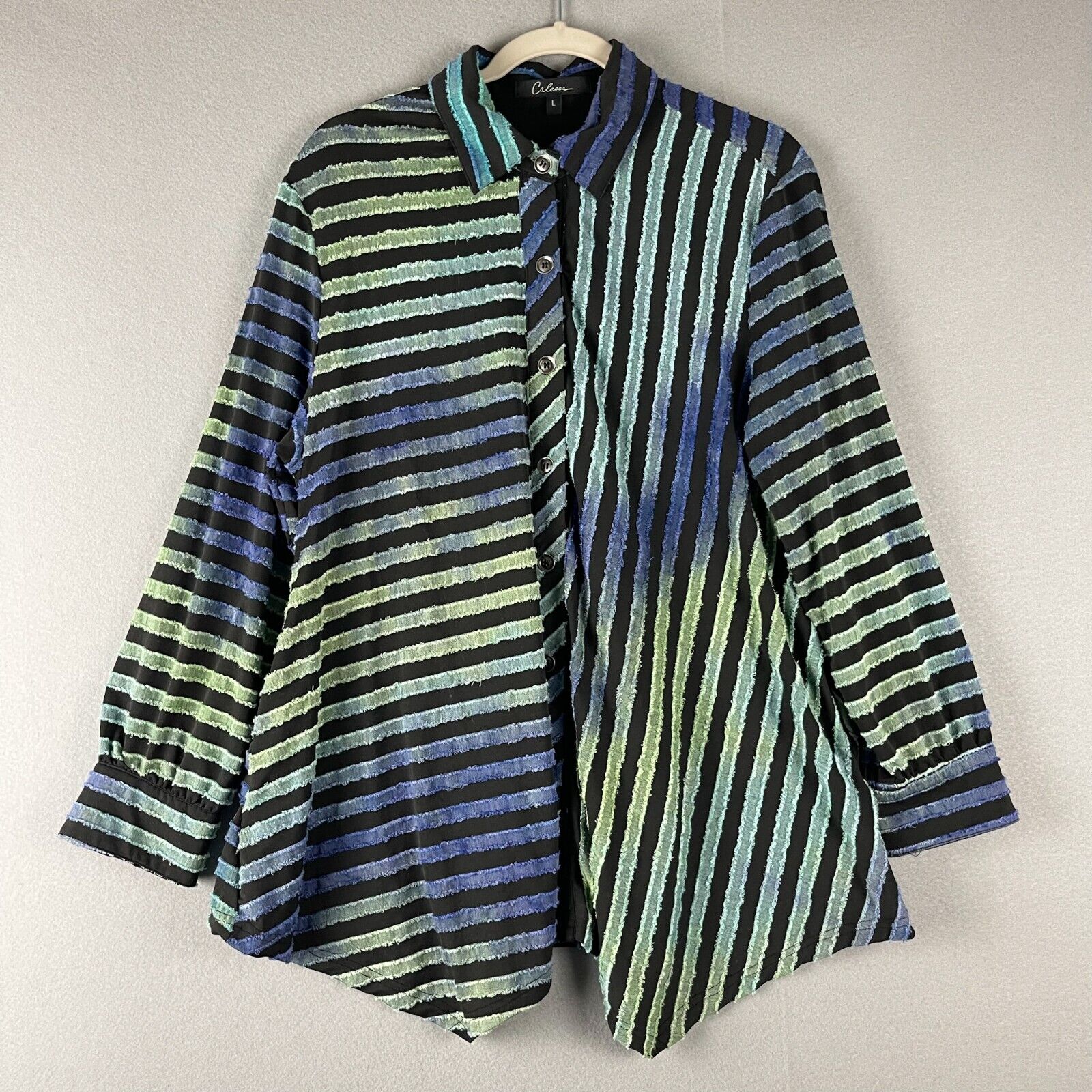 Calessa Tunic Top Womens Large Button Up Asymmetric Textured Striped Artsy