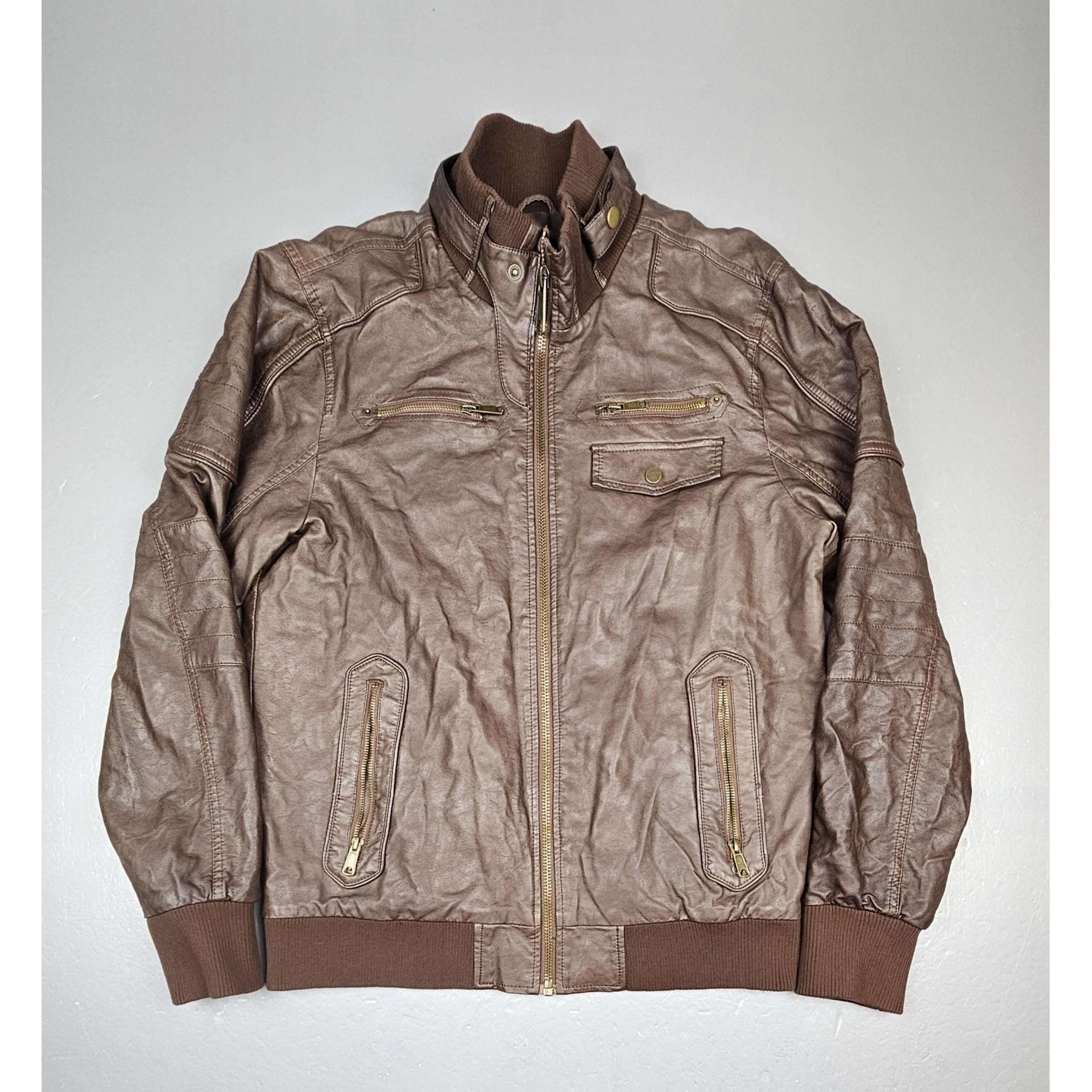 Guess Jacket Mens Large. Brown Faux Leather Motorcycle Zip Pockets Mock Neck