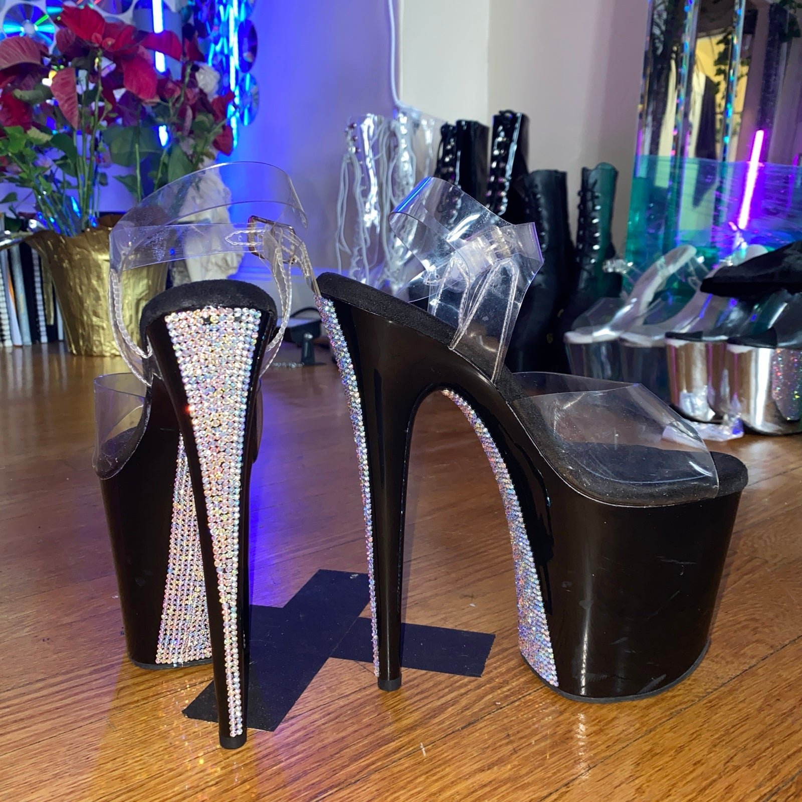 Women’s size RHINESTONE 8 Pleaser Heels with added cushioning and padding