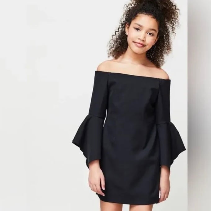 250 Milly girls off shoulder ruffle sleeve black dress 10