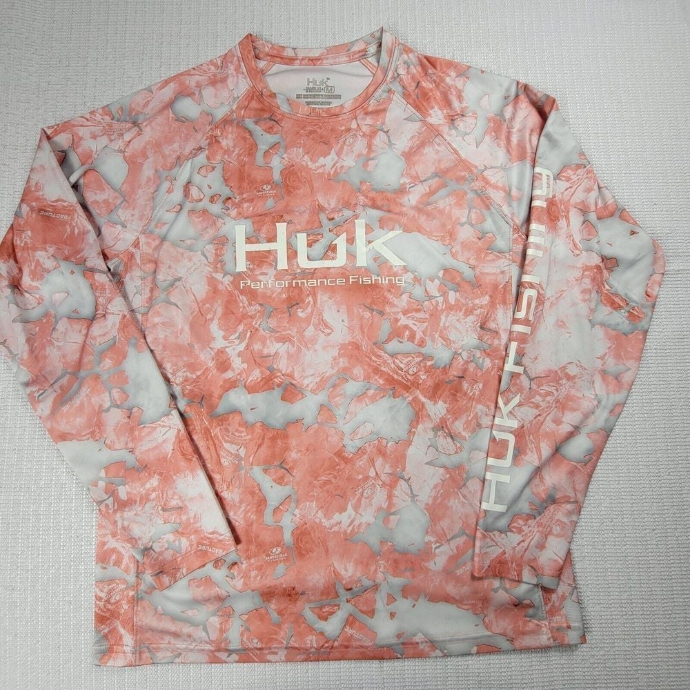 Huk Performance Long Sleeve Fishing Shirt Mens Size Medium Coral Camo