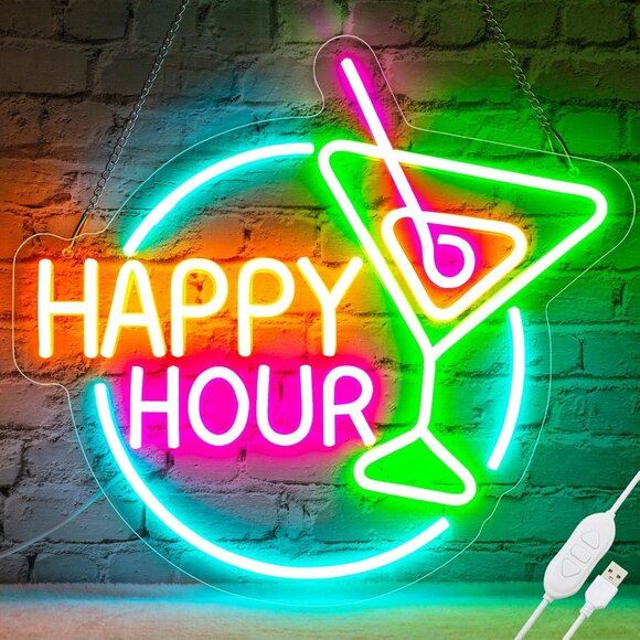 New Happy Hour Neon Sign, Dimmable LED Cocktail Light for Bar & Man Cave Decor