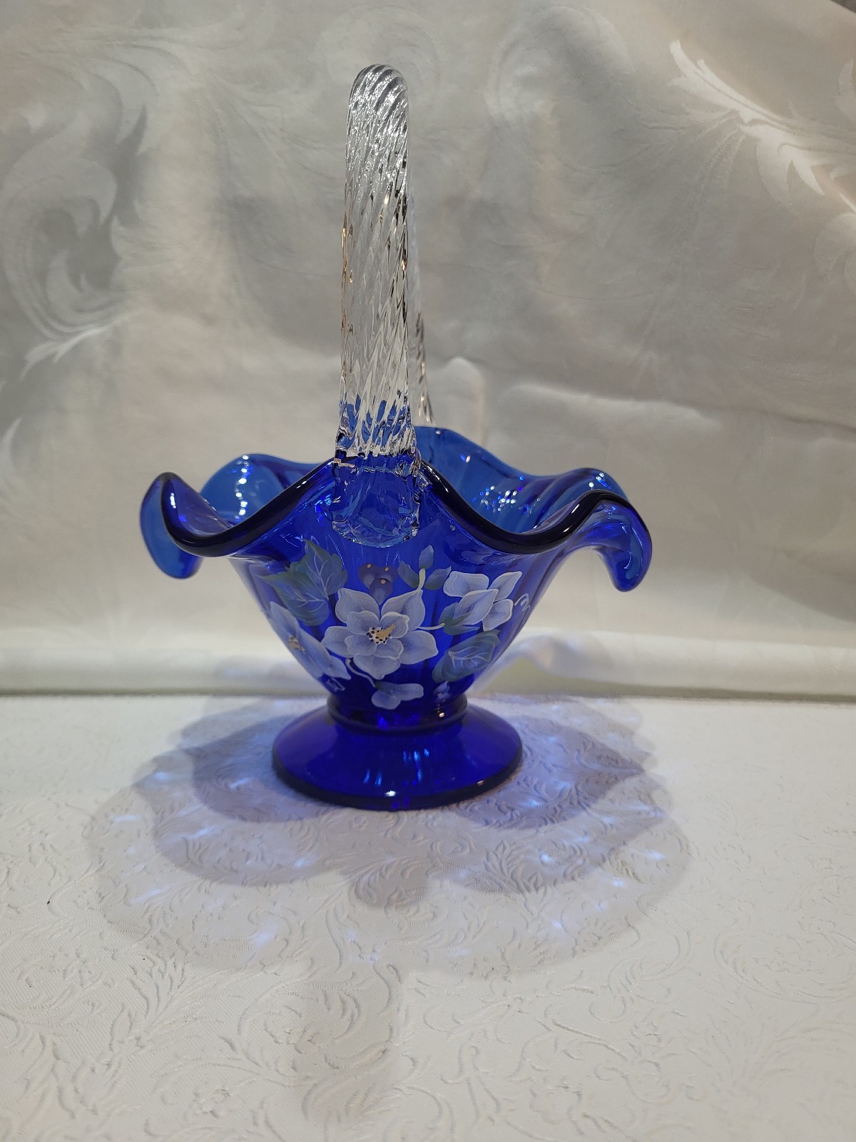 Fenton Hand Painted Cobalt Blue Basket