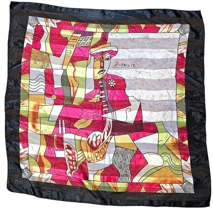 Vintage Picasso Semi-sheer Artsy Vibrant Pink Green Satin Silk Scarf Square 36