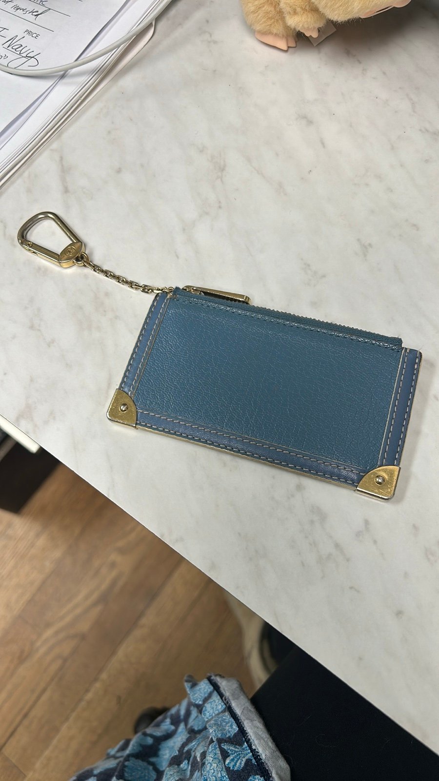 Lv card key holder blue with gold hardware