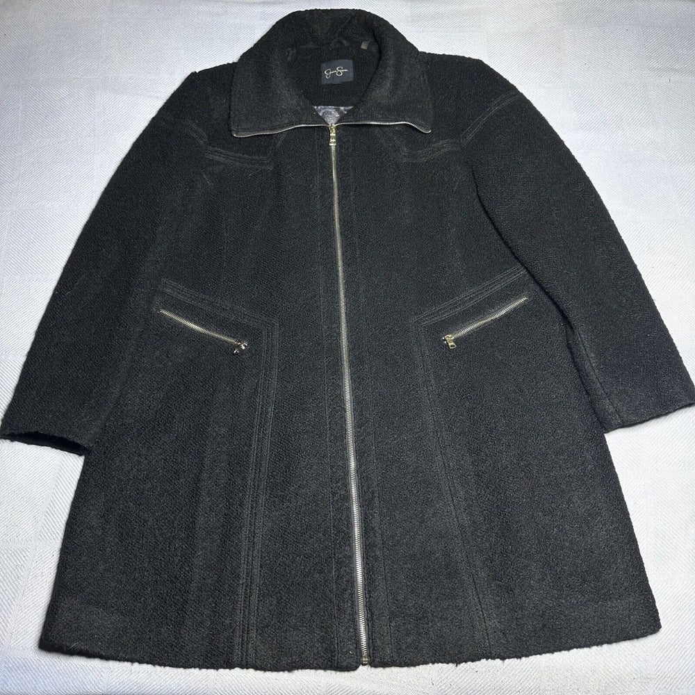 Jessica Simpson Black Wool Blend Boucle Textured Long Coat Women's Size 2X