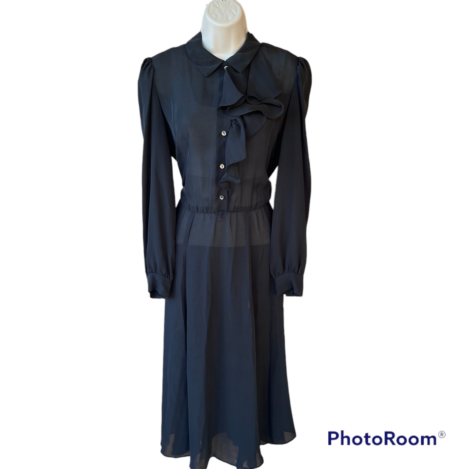 VTG Jeri New York Chiffon Black Sheer Ruffle Button Front Dress Long Sleeve 8