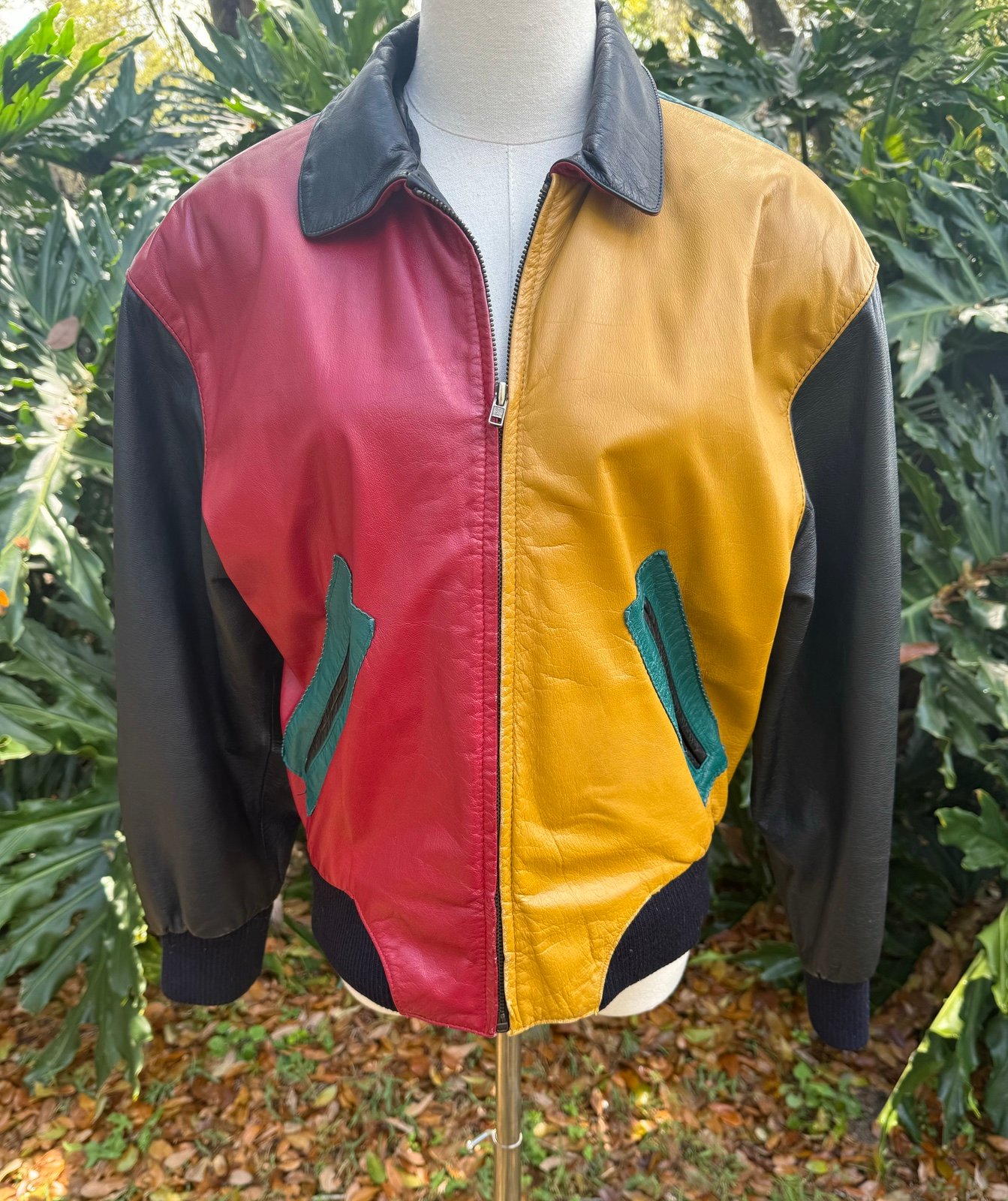 Vintage 80''s L.A. Studio Leather Bomber Jacket Multi Color Color Block Sz Small