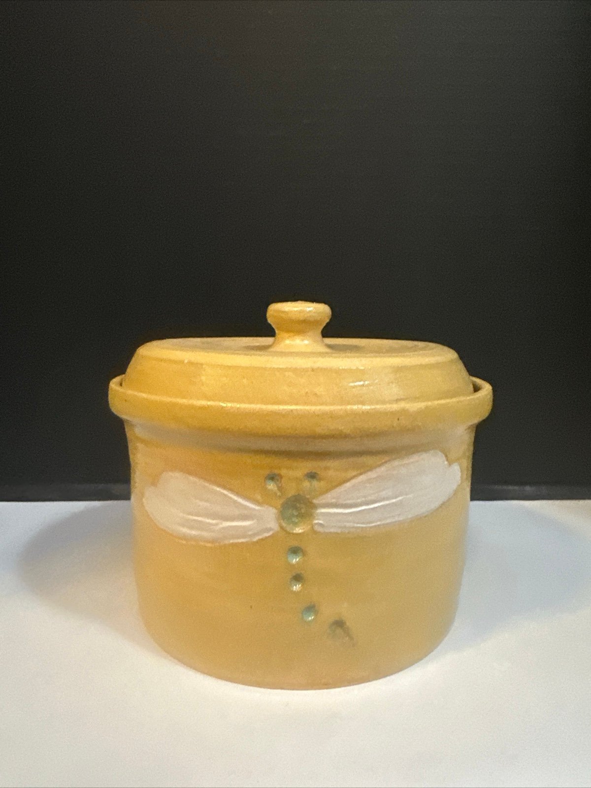 Studio Pottery Covered Casserole Dish Dragonfly Signed