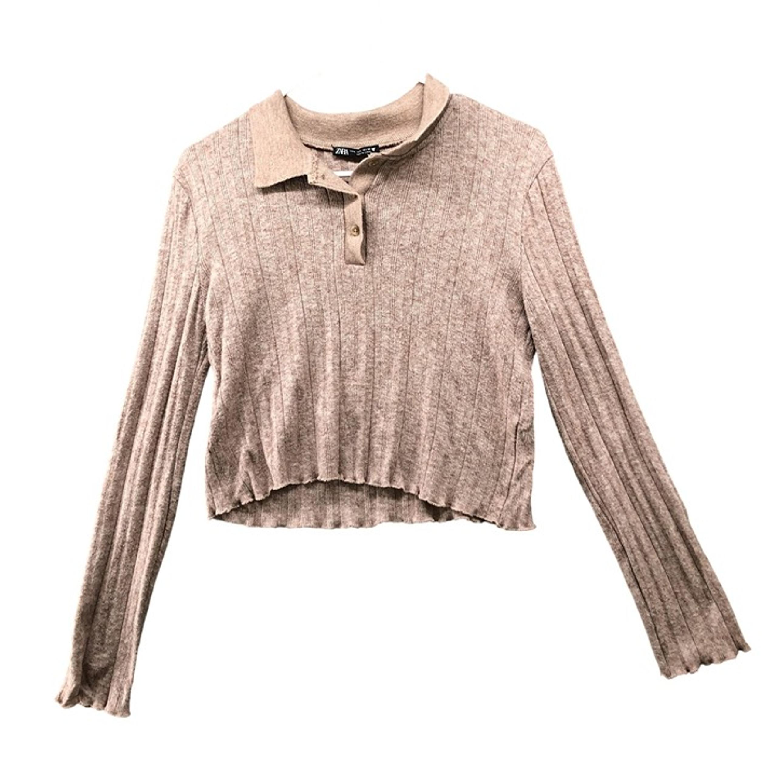 Zara Lightweight Polo Sweater Womens L Light Brown Collared Ribbed Soft Cropped