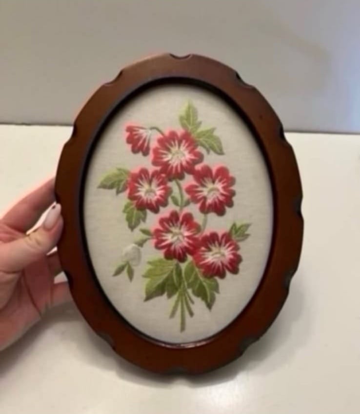 Vintage Framed Embroidery Art | Flower oval
