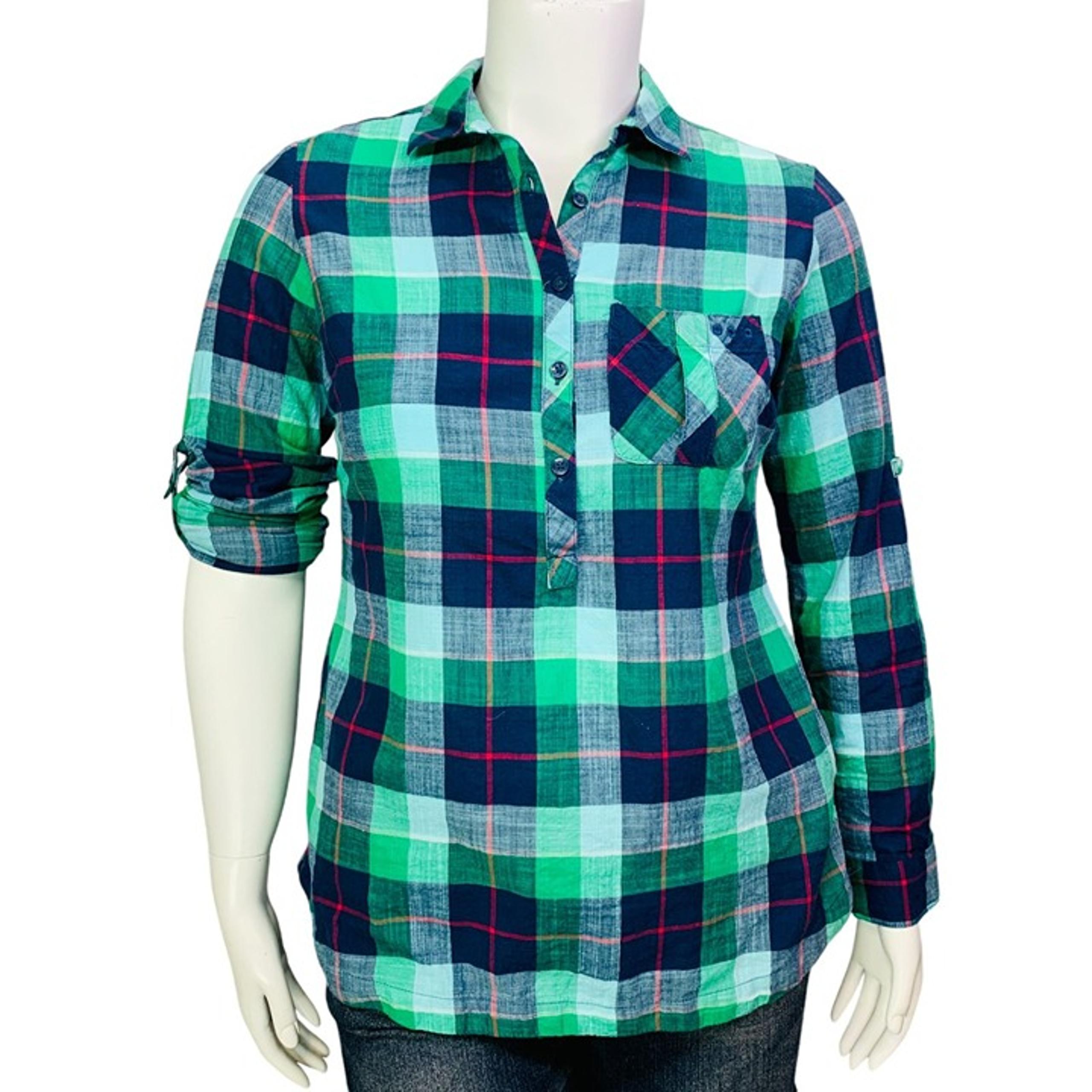 Columbia PFG Womens Coral Springs Woven Tunic Top Green Plaid Roll Tab Sleeve L