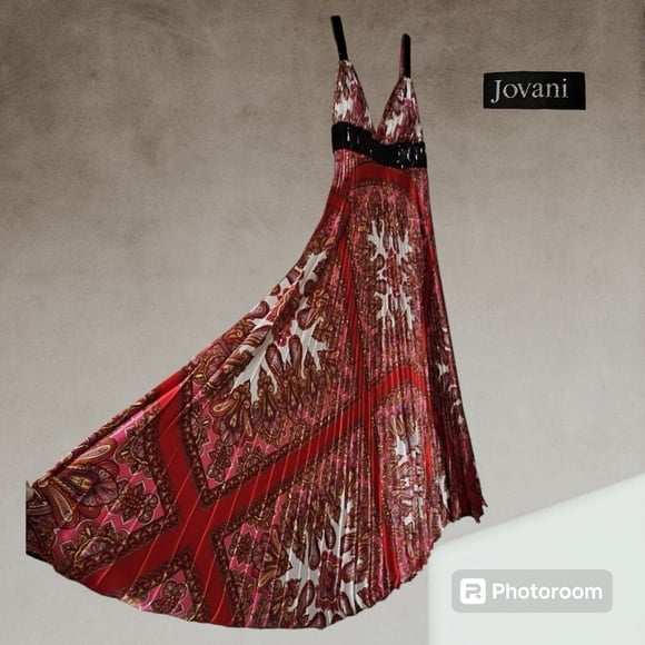 NWOT JOVANI Women’s Red Multi Print Maxi Wedding Prom Special Dress Gown Sz 4