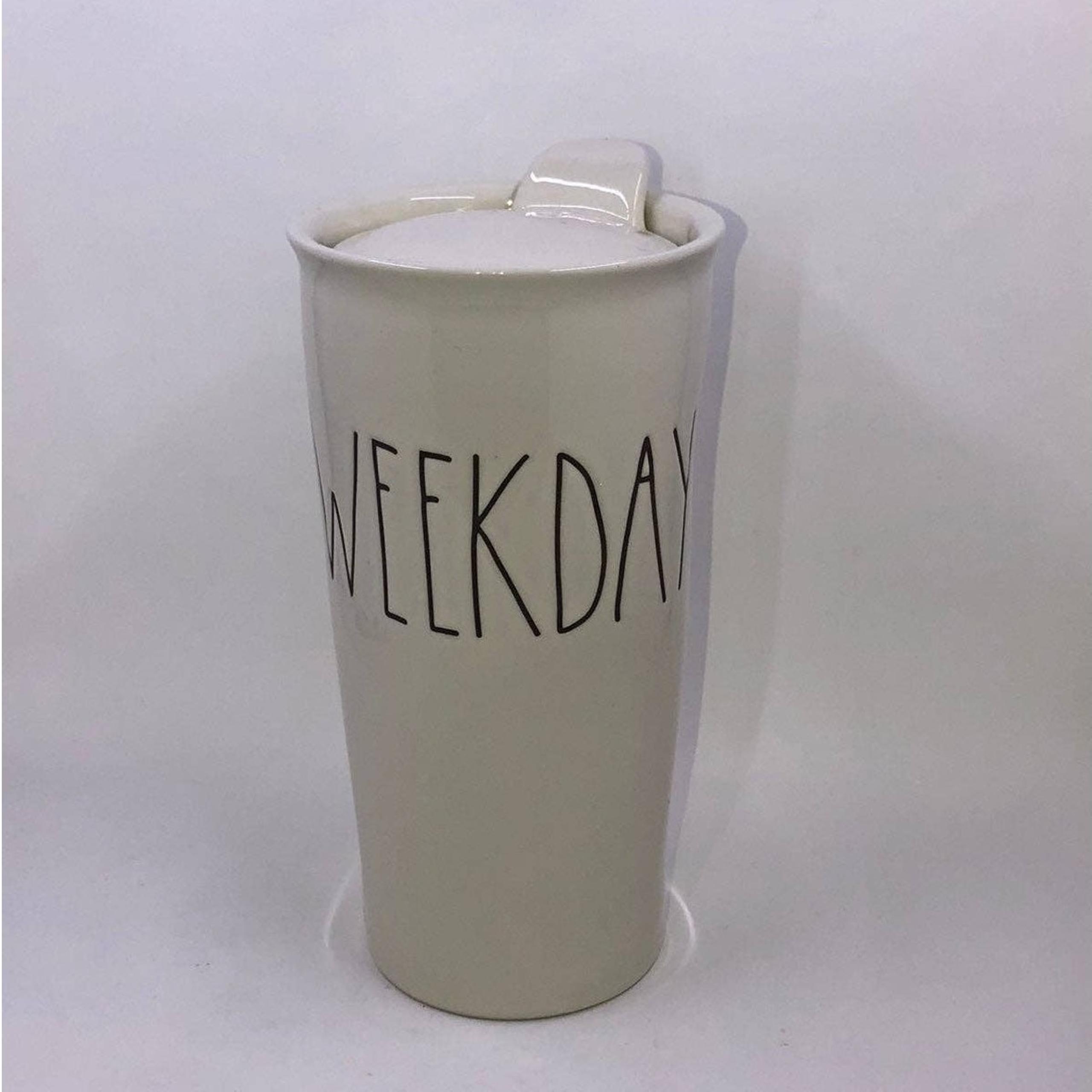 Rae Dunn original WEEKDAY Stoneware Travel Tumbler Coffee Cup with Lid