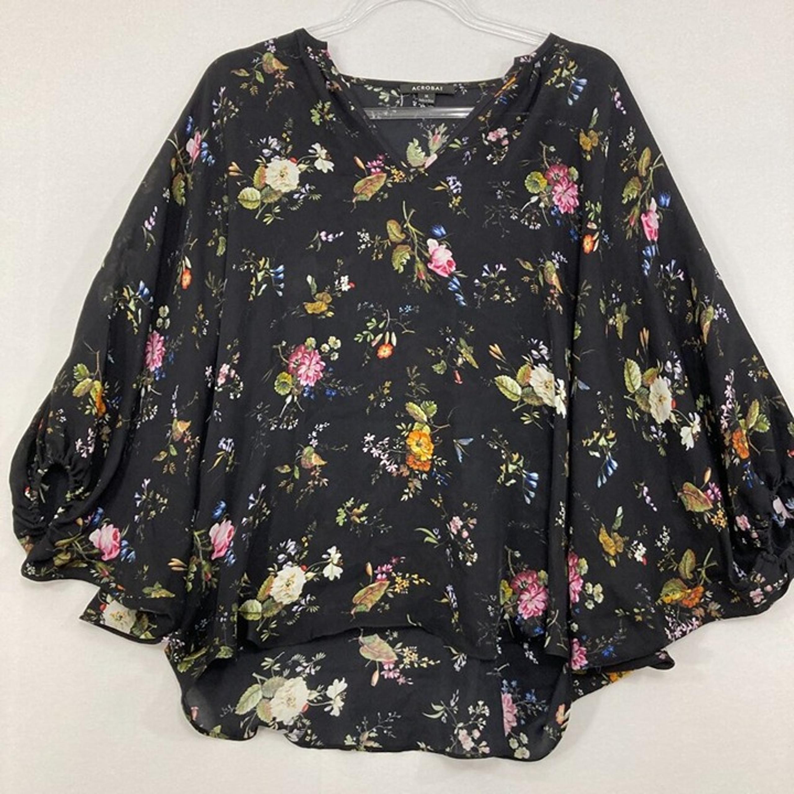 ACROBAT Medium Dark Floral V Neck Dolman Sleeve Pure Silk Blouse Feminine