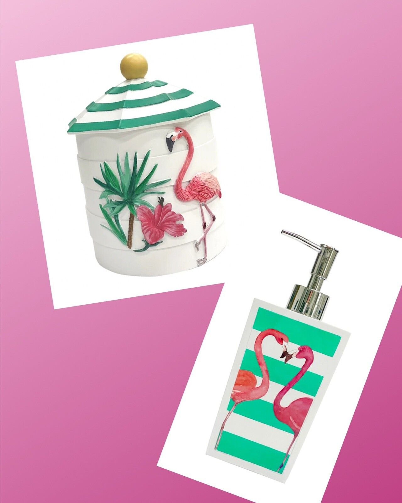Flamingos In Paradise Bathroom Set - Canister & Soap Pump Dispenser NEW