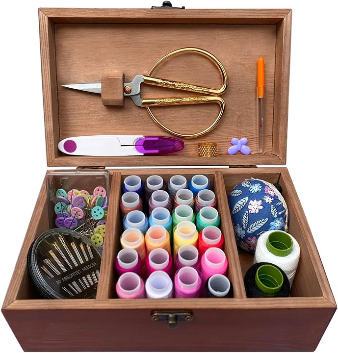 Sewing Kit Wooden Box with Cute Sewing Accessories Supplies Hand Sewing Kit for