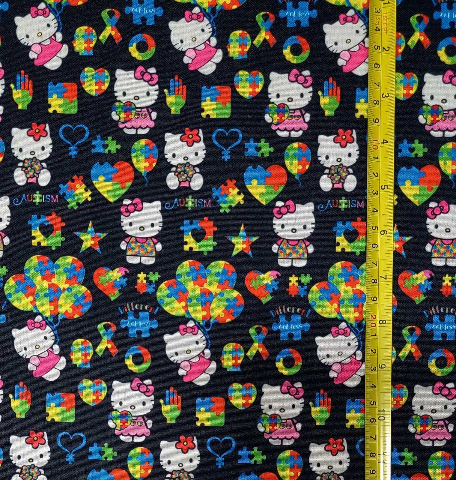 HELLO KITTY AUTISM BLACK FABRIC 1 YARD (36 X58 )