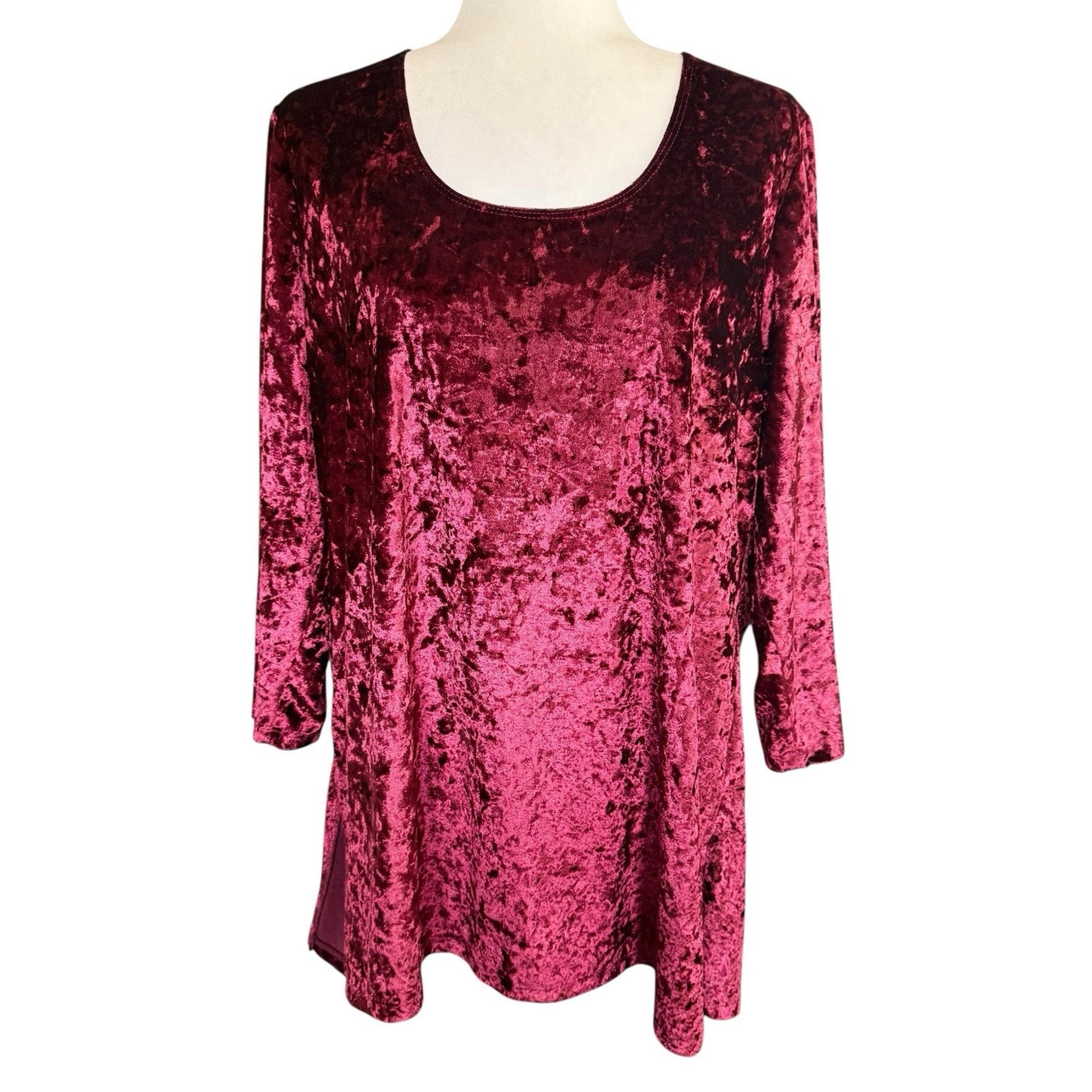 Slinky Brand Top Womens Plus Burgundy Velvet 1X Relaxed Comfortable Stretch USA