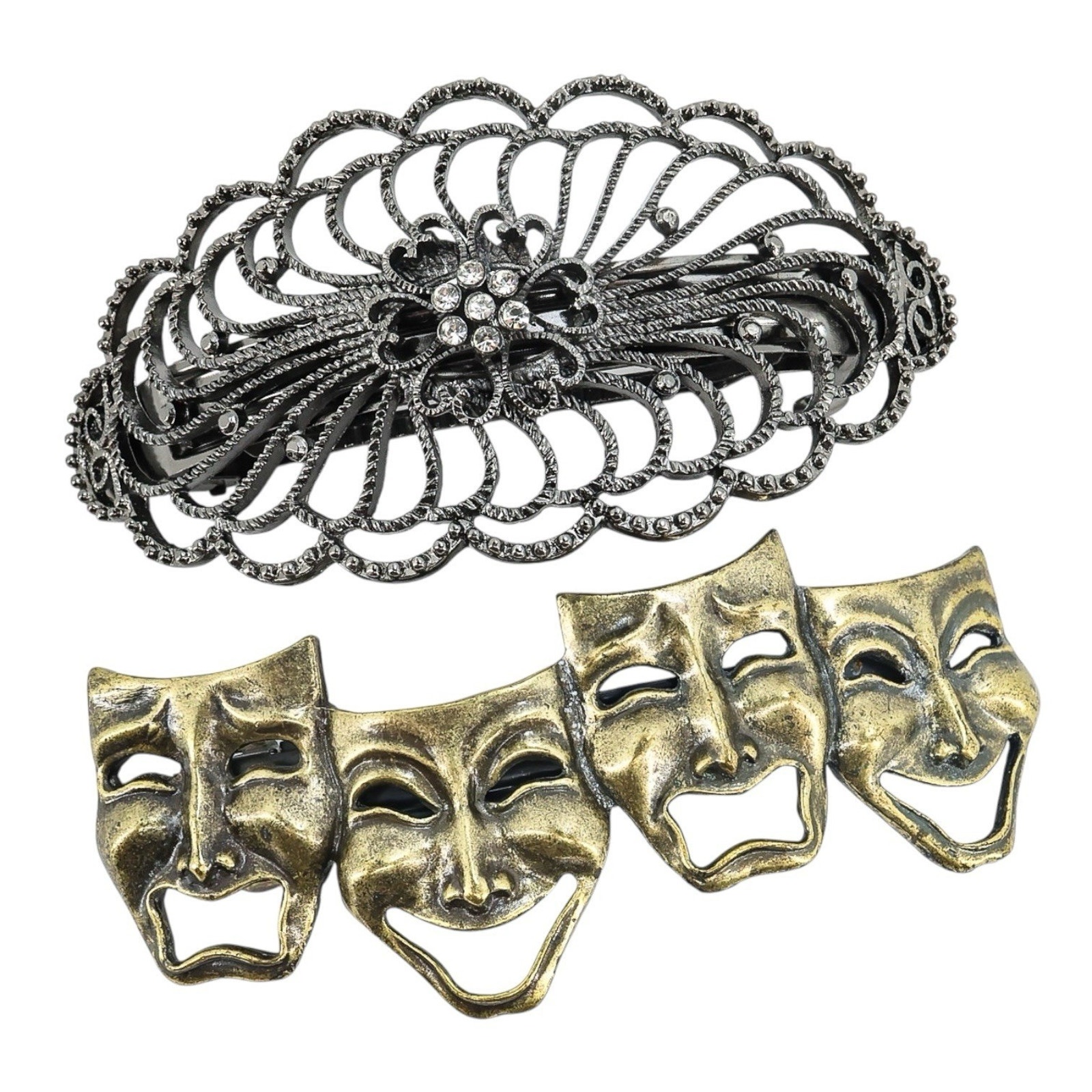 2x Vintage Metal Hair Clips Barrettes Rhinestone Filigree, Comedy Tragedy Masks