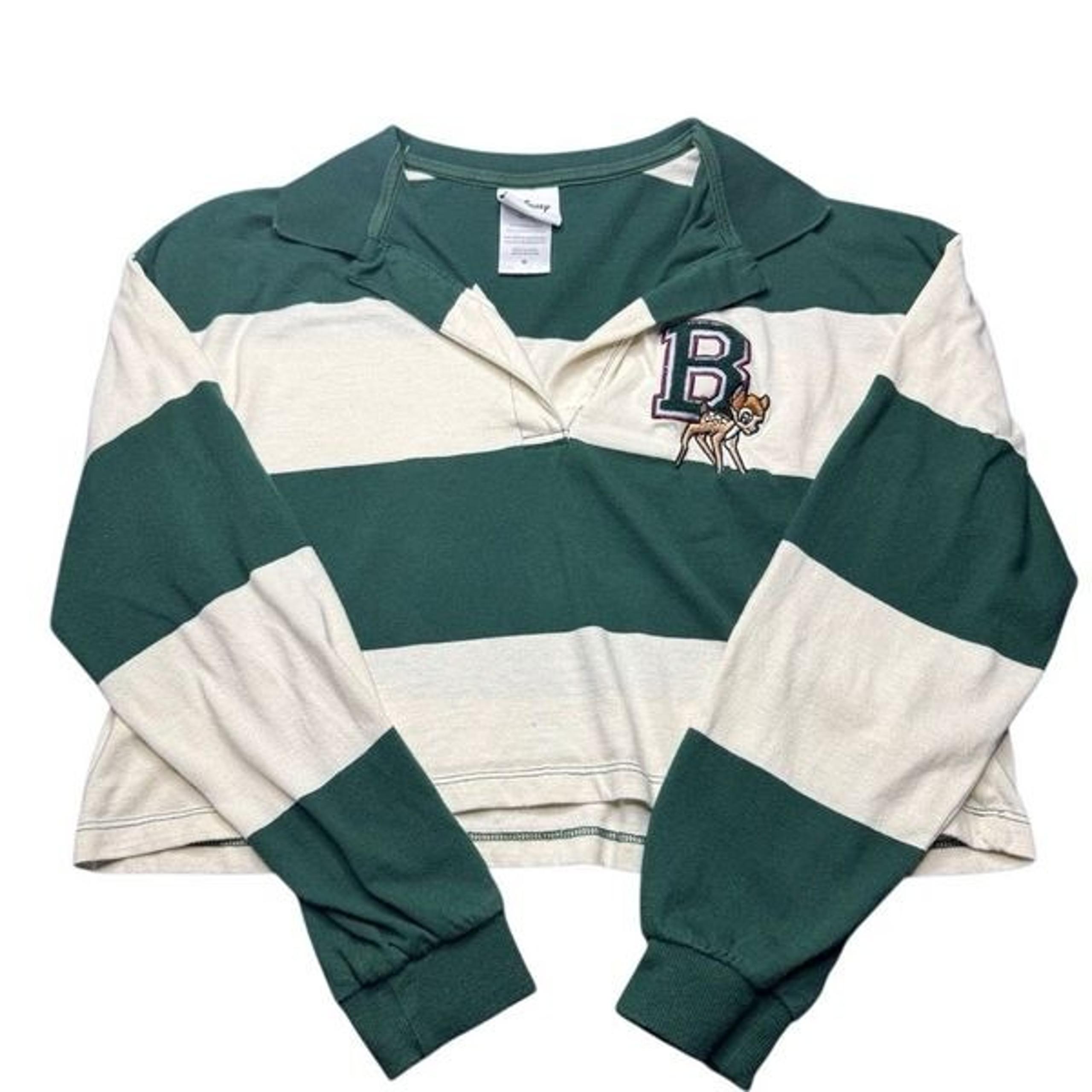 Disney Embroidered Bambi Crop Top Striped Long Sleeve Polo Shirt Womens M Green